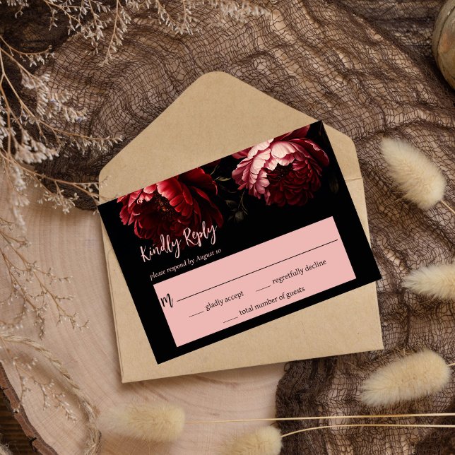 Cartons Réponse Moody vintage fleurs mariage (Moody dark vintage flowers wedding RSVP card wedding invitation suite red peony roses black cards)