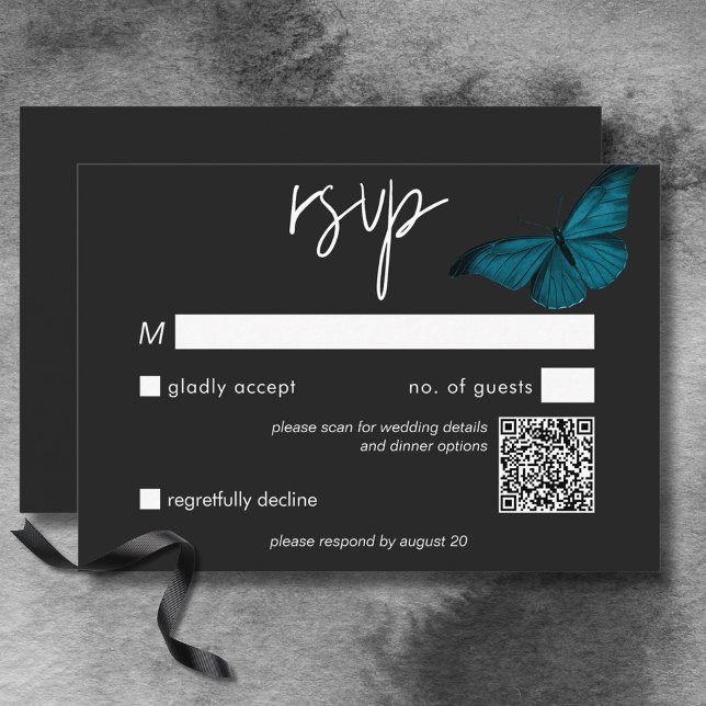 Cartons Réponse Mosaïque foncée Minimal Moth Turquoise Code QR Mar (Dark Moody Minimal Teal Moth Wedding QR Code RSVP Card)