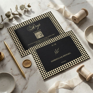 Cartons Réponse Motif Diamant Rétro Noir Or Mariage QR