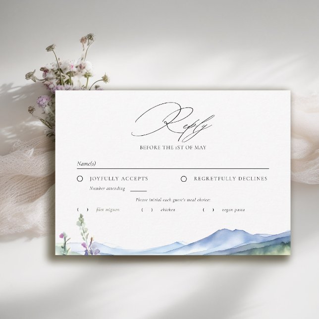 Cartons Réponse Mountains Wildflowers Meadow Modern Wedding Meal (mountain wedding rsvp reply respond wildflowers meadow floral watercolor modern calligraphy)