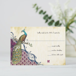 Cartons Réponse Navy & Berry Berry Elegant Damask Peacock Mariage