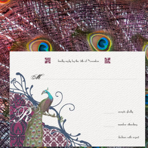 Cartons Réponse Navy & Berry Berry Elegant Damask Peacock Mariage