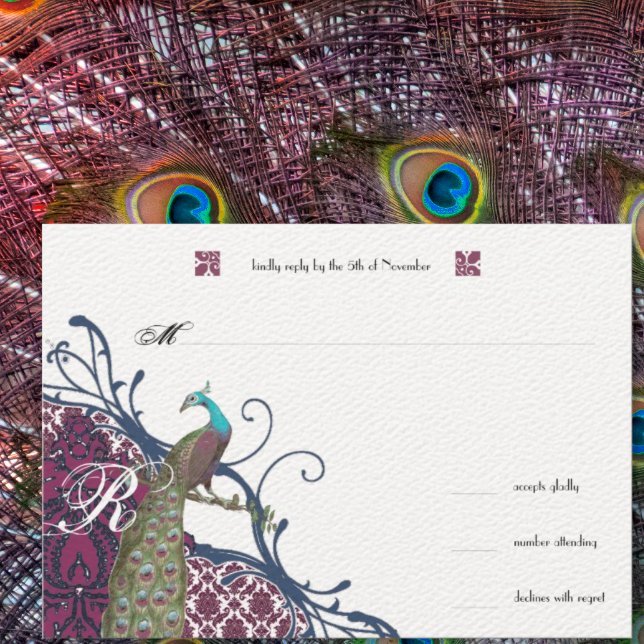 Cartons Réponse Navy & Berry Berry Elegant Damask Peacock Mariage (Créateur téléchargé)