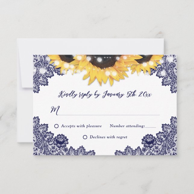 Cartons Réponse Navy Blue and Sunflower Rustic Floral Lace Wedding (Devant)