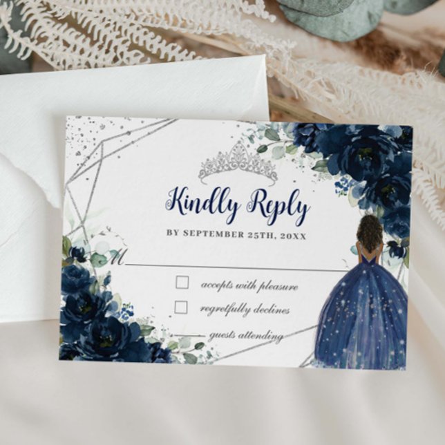 Cartons Réponse Navy Blue Floral Princess Silver Quinceañera Répon (Créateur téléchargé)