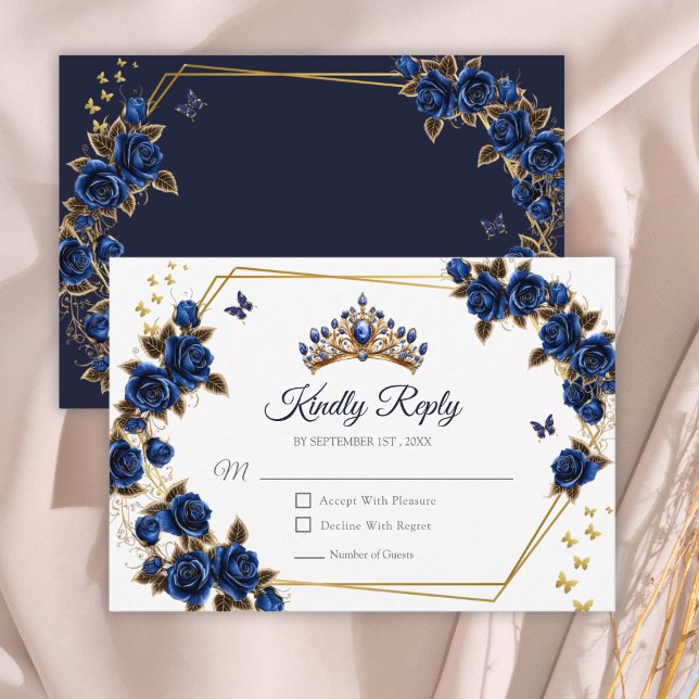 Cartons Réponse Navy Blue Golden Roses Tiara Quinceañera (Créateur téléchargé)