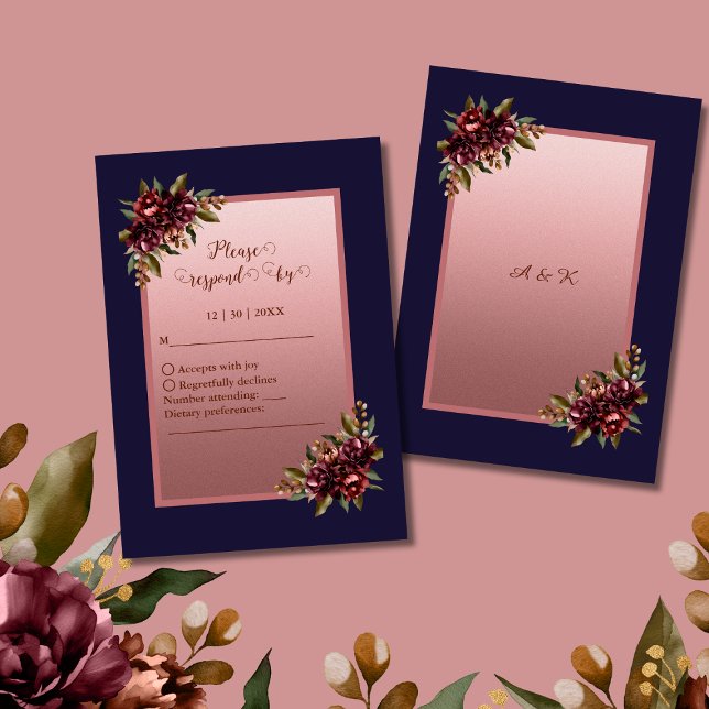 Cartons Réponse Navy Blue Rose Gold Script Burgundy floral wedding (Créateur téléchargé)