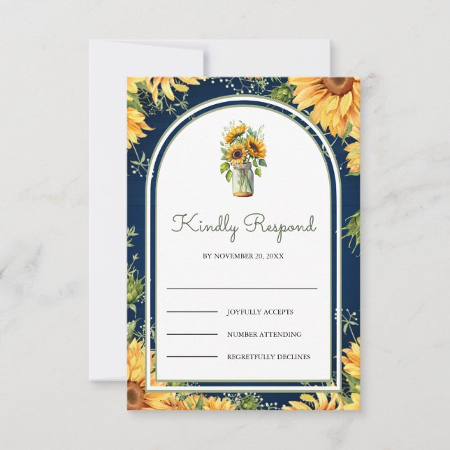 Cartons Réponse Navy Blue Wood Sunflowers Mason Jar Arch Wedding (Devant)