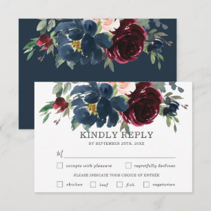 Cartons Réponse Navy Bourgogne Rose Floral Mariage Choix de repas