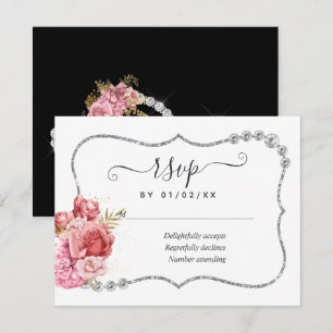 Cartons Réponse Noces diamantaires florales rose et or et argent