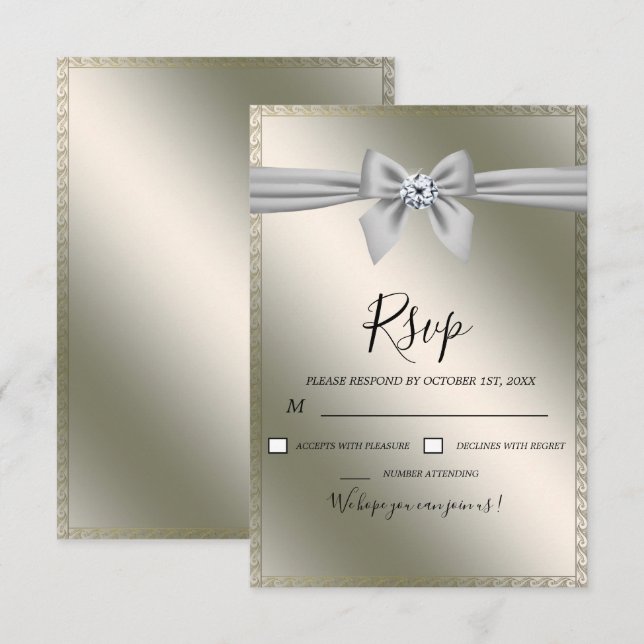 Cartons Réponse Nœud de ruban argenté élégant Mariage (Devant / Derrière)