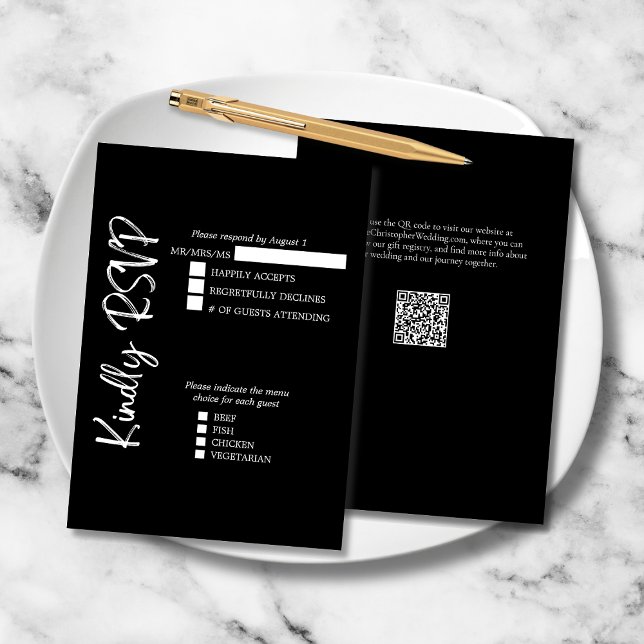 Cartons Réponse Noir Blanc Élégant Gras Script Mariage Formal (Black and White Elegant Vertical Script Wedding RSVP with Menu Choices, QR Code, Website.)