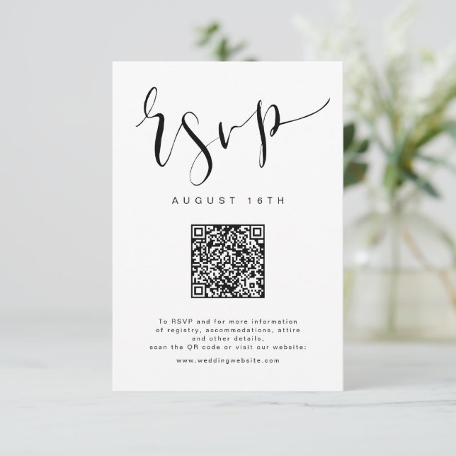 Cartons Réponse Noir Blanc moderne Simple Script mariage code QR (Debout devant)