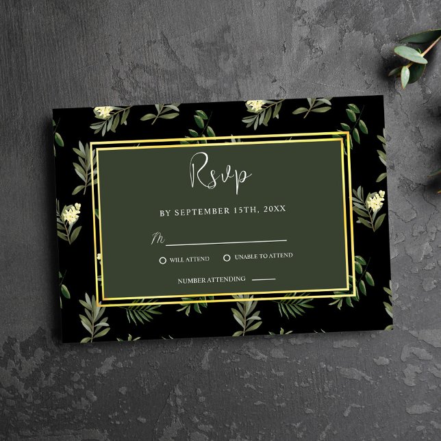 Cartons Réponse Noir Botanique Moderne Rustique Mariage élégant (Black Botanical Modern Rustic Elegant Wedding RSVP Card)