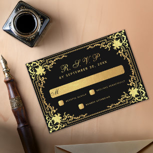 Cartons Réponse Noir Élégant Vintage Faux Papier D'or Mariage