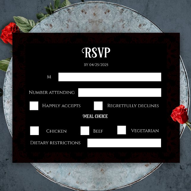 Cartons Réponse Noir et rouge Floral Gothique foncé Élégant mariag (Black and Red Floral Gothic Dark Elegant Wedding RSVP Card)