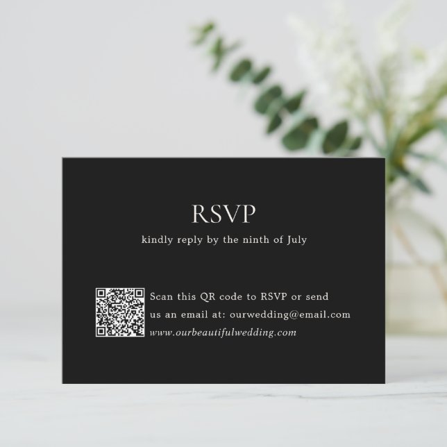 Cartons Réponse Noir moderne QR Code Mariage élégant (Debout devant)