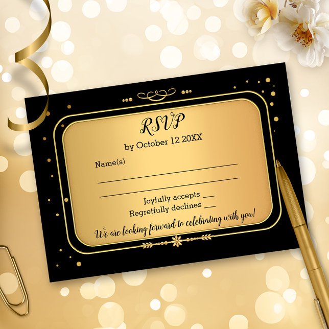 Cartons Réponse Noir Or Retro Chic Confetti (Elegant gold and black retro chic RSVP card with festive confetti sparkles.)