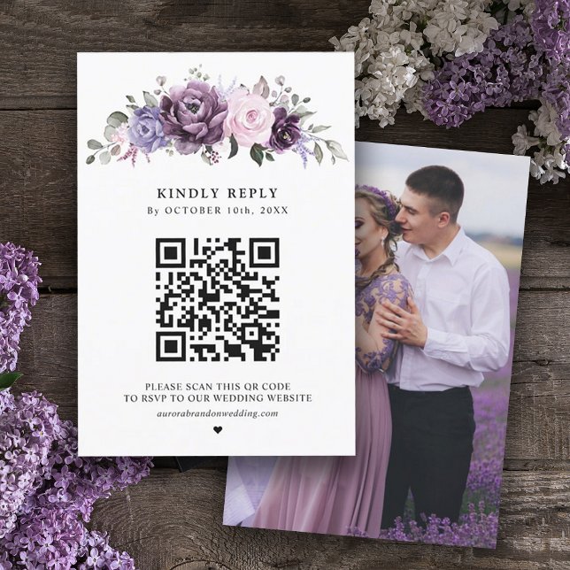 Cartons Réponse Nuances de pourpre Dusty fleurs Moody Floral Maria (Dusty purple lavender QR code RSVP card)