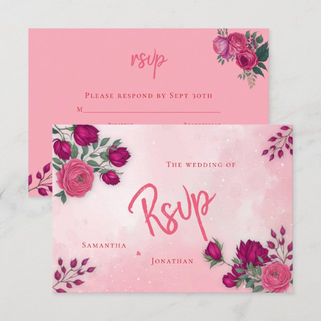 Cartons Réponse Nuances de Rose Magenta Mariage Moderne  (Devant / Derrière)