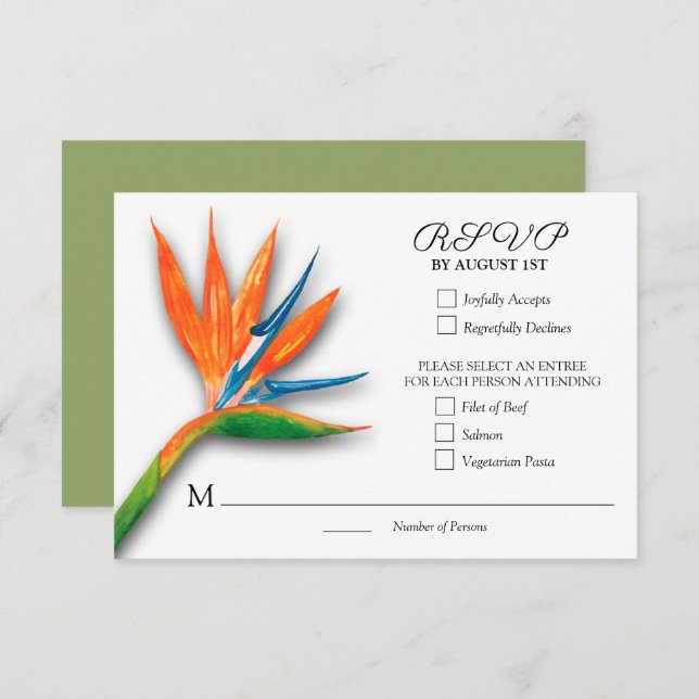 Cartons Réponse Oiseau tropical du Paradis Mariage botanique (Devant / Derrière)