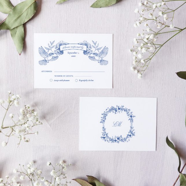 Cartons Réponse Oiseaux de toile bleue mariage (RSVP card for a toile french blue wedding stationery suite with victorian florals and birds)