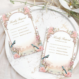 Cartons Réponse Oiseaux romantiques Mariage floral rose