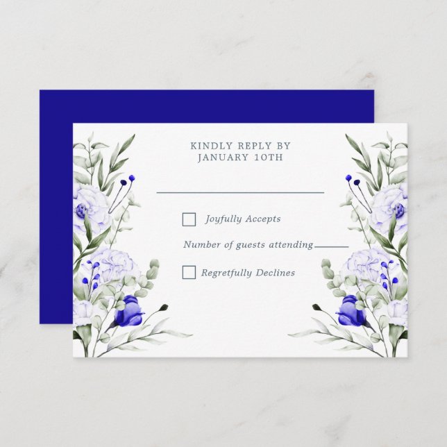 Cartons Réponse Ombre Royal Blue Ivory Floral Mariage (Devant / Derrière)