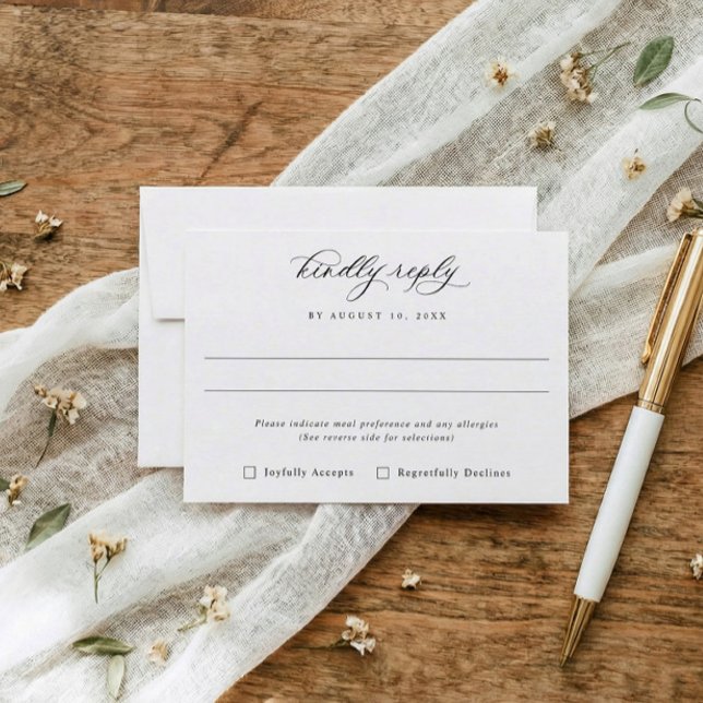 Cartons Réponse Options de repas classiques élégants pour mariage  (Classic black and white wedding RSVP card with elegant calligraphy and traditional script)