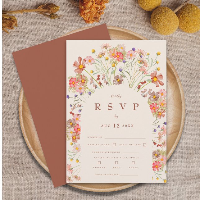 Cartons Réponse Options de repas de mariage avec arche florale rus (Boho fall rustic wildflower floral arch terracotta burnt orange and beige wedding rsvp card)