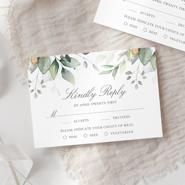 Cartons Réponse Options de repas de mariage avec feuilles d'eucaly (Créateur téléchargé)
