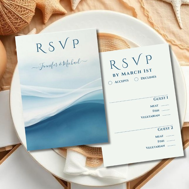 Cartons Réponse Options de repas de mariage sur la plage bleu sere (Serene Blue Abstract Beach Wedding Meal options RSVP Card )