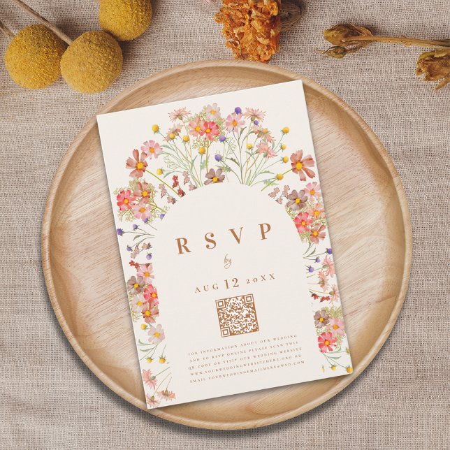 Cartons Réponse Options de repas floraux automnaux rustiques bohém (Boho fall wildflower elegant floral arch wedding RSVP website QR code card terracotta burnt orange)