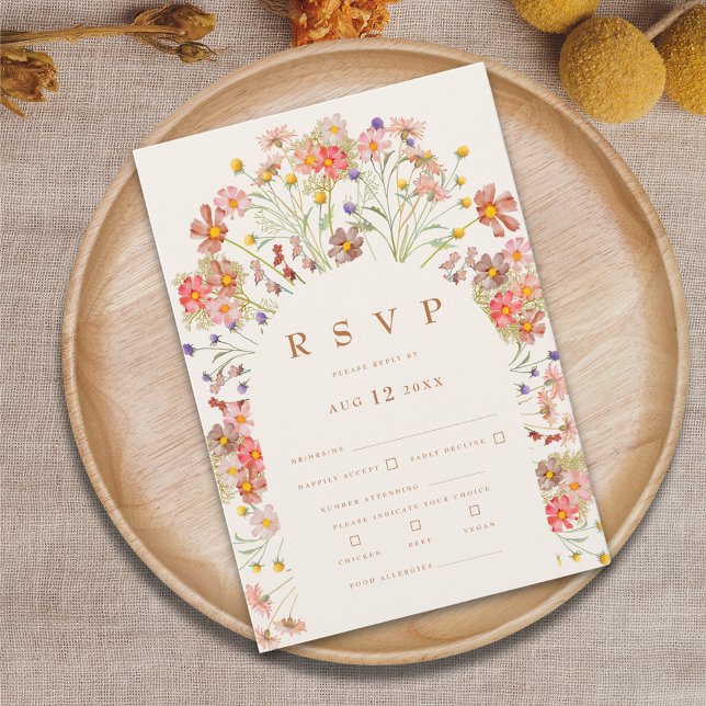 Cartons Réponse Options de repas floraux bohèmes d'automne en terr (Boho fall wildflower wedding RSVP card terracotta burnt orange beige brown modern elegant)
