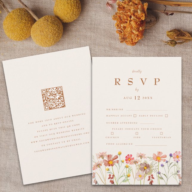 Cartons Réponse Options de repas floraux bohémiens en terre cuite  (Boho fall wildflower wedding rsvp card terracotta brown burnt orange beige watercolor autumn florals)