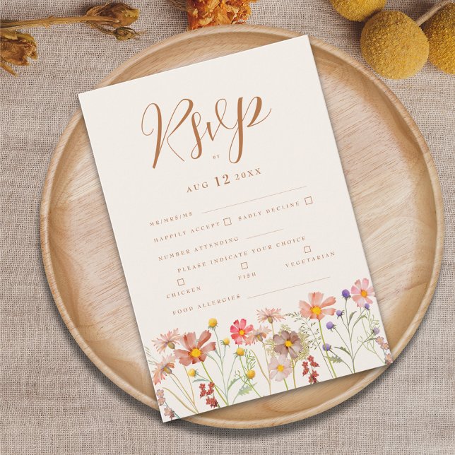 Cartons Réponse Options de repas floraux bohémiens en terre cuite  (Boho wildflower fall wedding rsvp card terracotta burnt orange beige brown autumn watercolor florals)