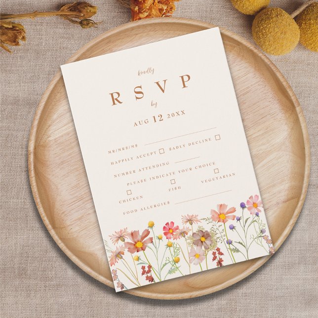 Cartons Réponse Options de repas floraux bohémiens en terre cuite  (Boho fall wildflower wedding rsvp card with autumn watercolor florals and elegant terracotta script)
