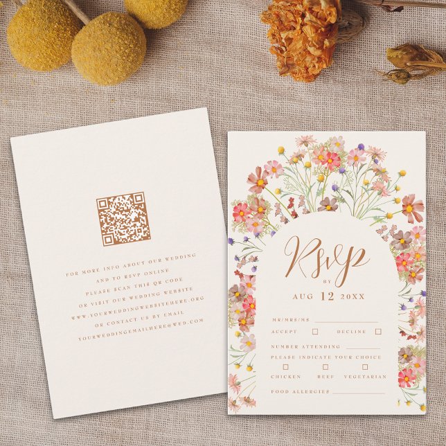 Cartons Réponse Options de repas floraux boho en terre cuite d'aut (Boho fall Wildflower floral arch Wedding RSVP card terracotta burnt orange beige cream)