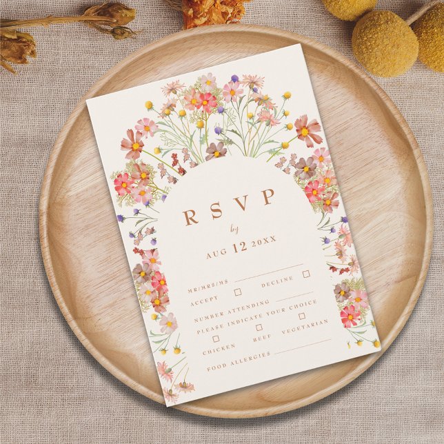 Cartons Réponse Options de repas floraux boho en terre cuite d'aut (Boho fall Wildflower floral arch burnt orange terracotta beige Wedding RSVP card autumn watercolor )