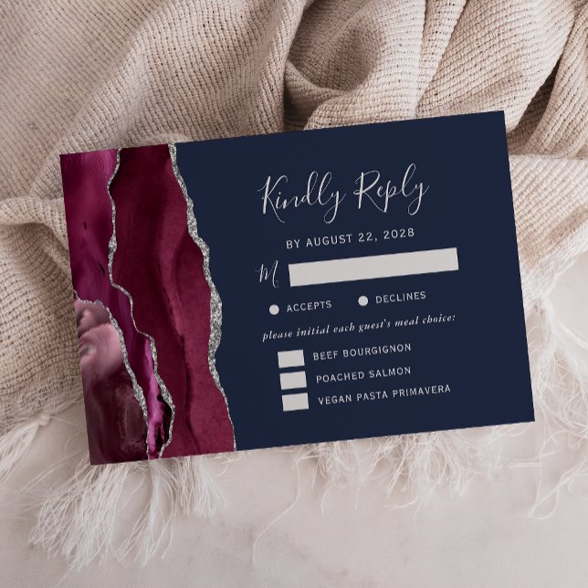 Cartons Réponse Options de repas mariage bordeaux agate argent mar (Créateur téléchargé)