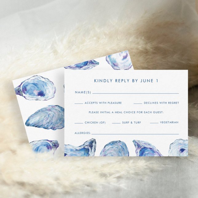 Cartons Réponse Options de repas Mariage huître Aquarelle bleue (Oyster Wedding Meal Choices RSVP Card with Food Allergies by Concertina Press)