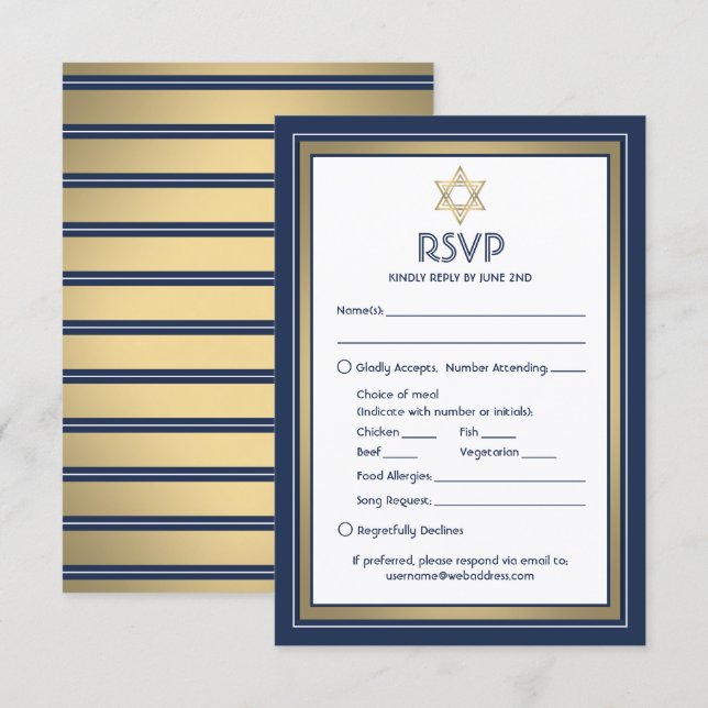 Cartons Réponse Options de repas pour Bar Mitzvah Demande de chans (Devant / Derrière)