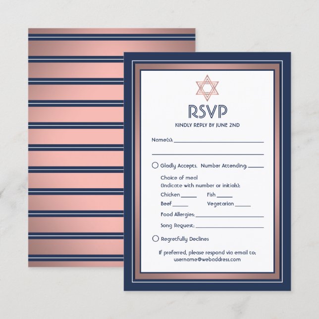 Cartons Réponse Options de repas pour la Bat Mitzvah Demande de ch (Devant / Derrière)