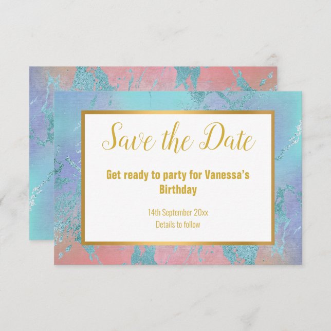 CARTONS RÉPONSE OR MARBRE AQUA CLASSIQUE SAUVER LA DATE (Devant / Derrière)