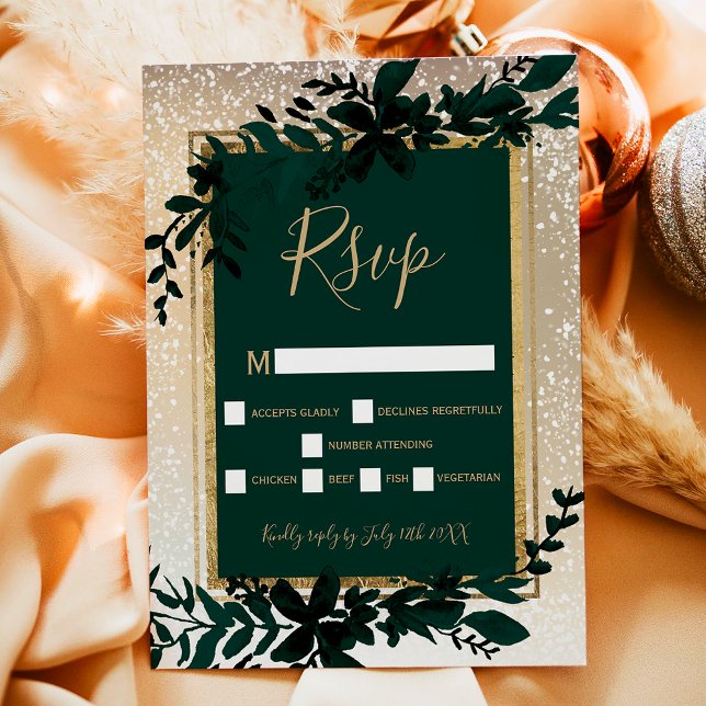 Cartons Réponse or typographie feuille neige élégant hiver (gold typography leaf snow elegant winter RSVP card)