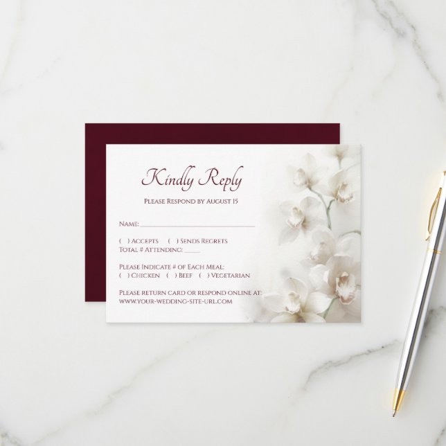 Cartons Réponse Orchidées Blanches Rêveuses Mariage Simple (Devant/Arrière en situation)