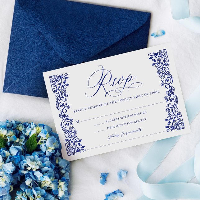 Cartons Réponse Ornat Grec Floral Motif Bleu Élégant Script (Ornate Greek Floral Pattern Blue Elegant Script RSVP Card)