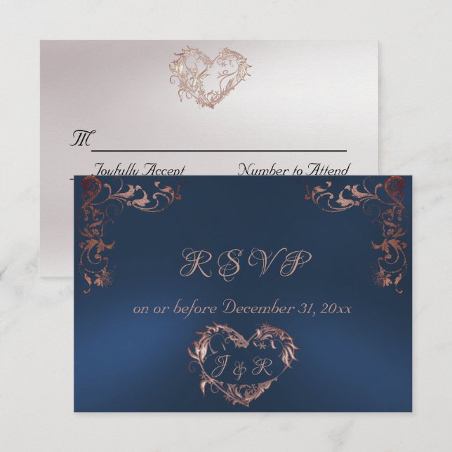 Cartons Réponse Ornate Frame & Heart - Blue/Rose Gold (Devant / Derrière)
