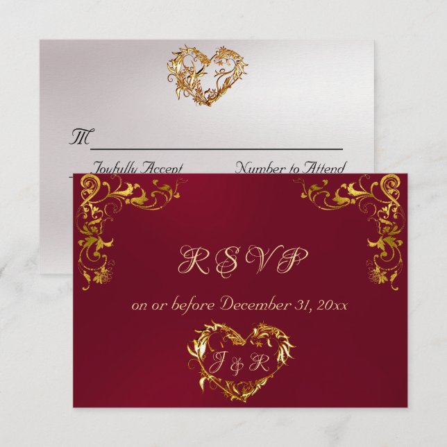 Cartons Réponse Ornate Frame & Heart - Burgundy/Gold (Devant / Derrière)
