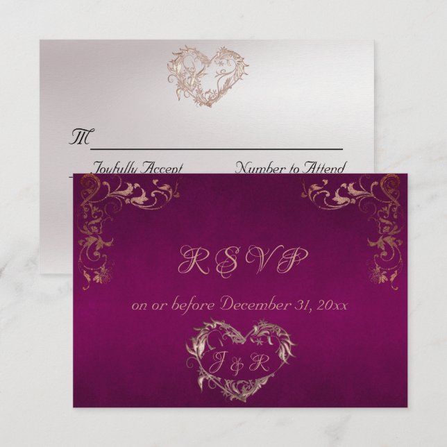 Cartons Réponse Ornate Frame & Heart - Purple/Rose Gold (Devant / Derrière)